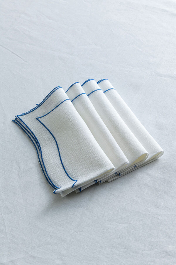 Italian linen napkin set of 4 white with blue trim 3 - Signature Editions