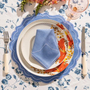 Scallop Italian linen placemat marine blue with white trim and Italian linen napkin marine blue with white trim 1 - Signature Editions