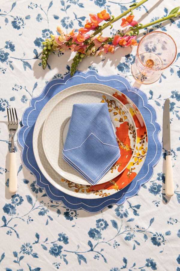Scallop Italian linen placemat marine blue with white trim and Italian linen napkin marine blue with white trim 1 - Signature Editions