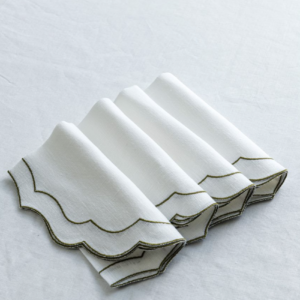Italian linen napkin white with olive green trim 4 - Signature Editions